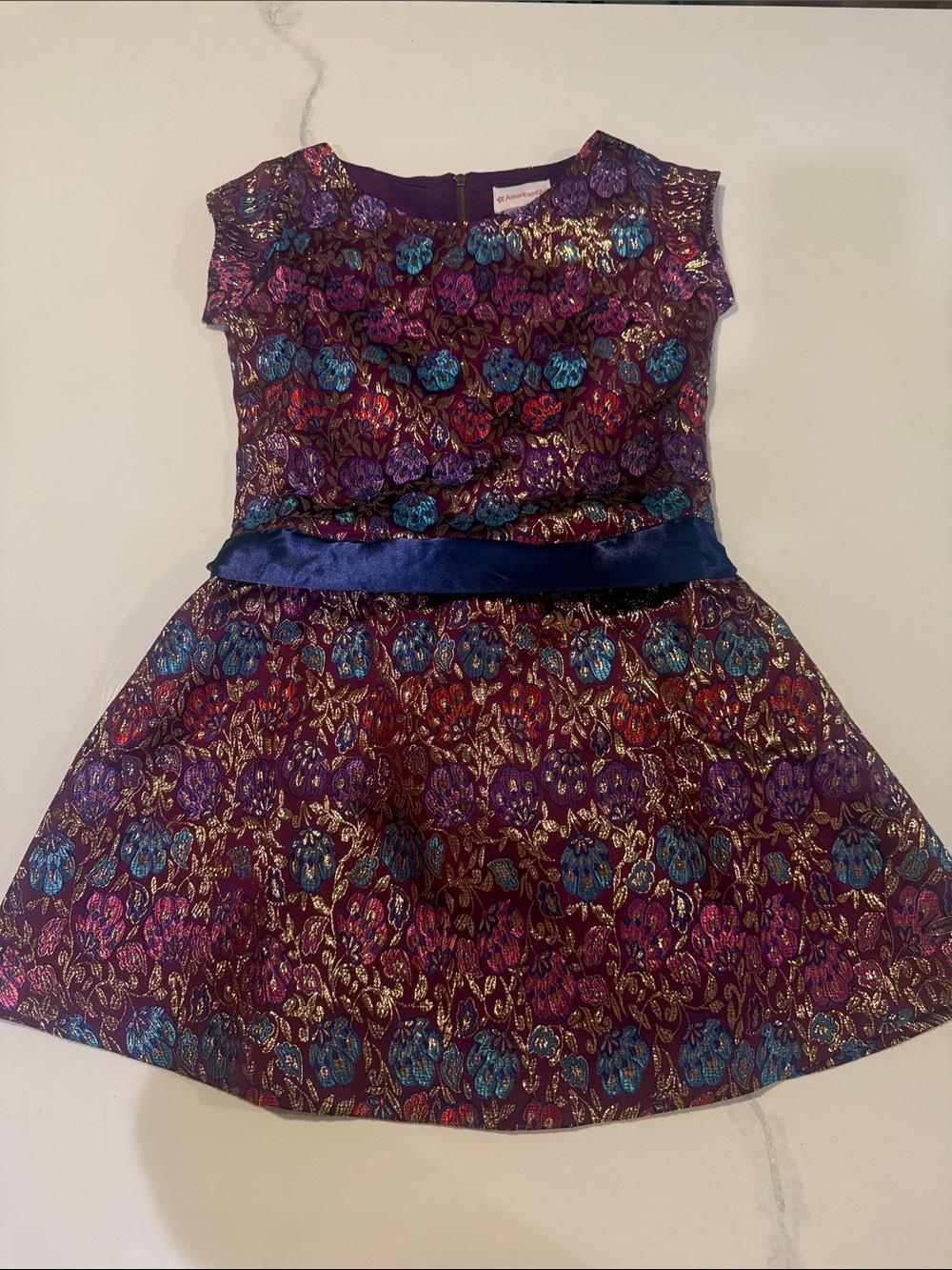American Girl Metallic Floral Fit & Flare Dress - Purple, Blue, Gold